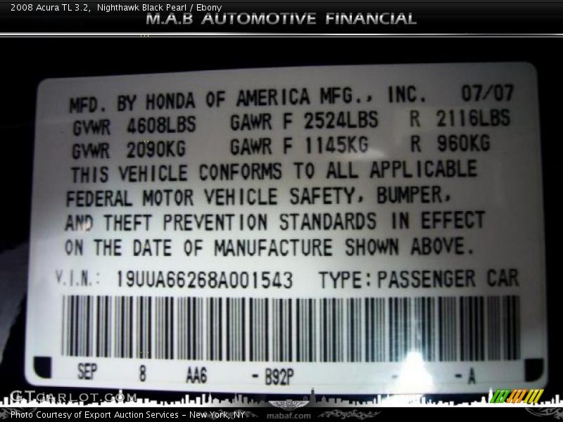 Nighthawk Black Pearl / Ebony 2008 Acura TL 3.2