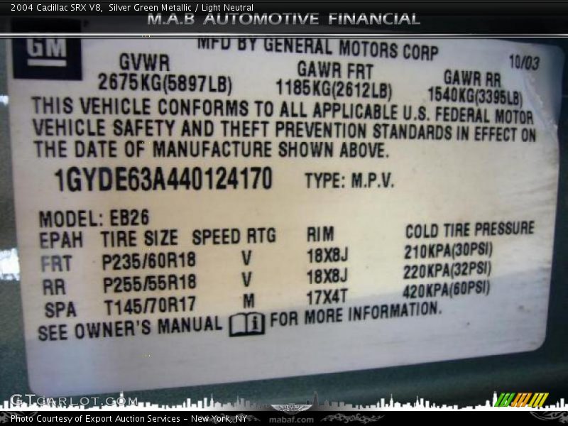 Silver Green Metallic / Light Neutral 2004 Cadillac SRX V8