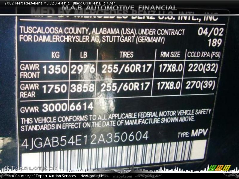 Black Opal Metallic / Ash 2002 Mercedes-Benz ML 320 4Matic