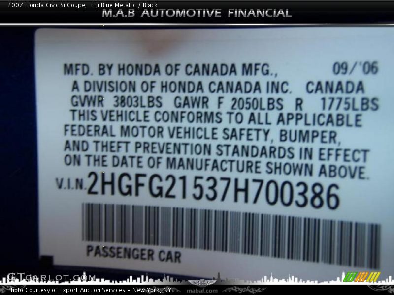 Fiji Blue Metallic / Black 2007 Honda Civic Si Coupe