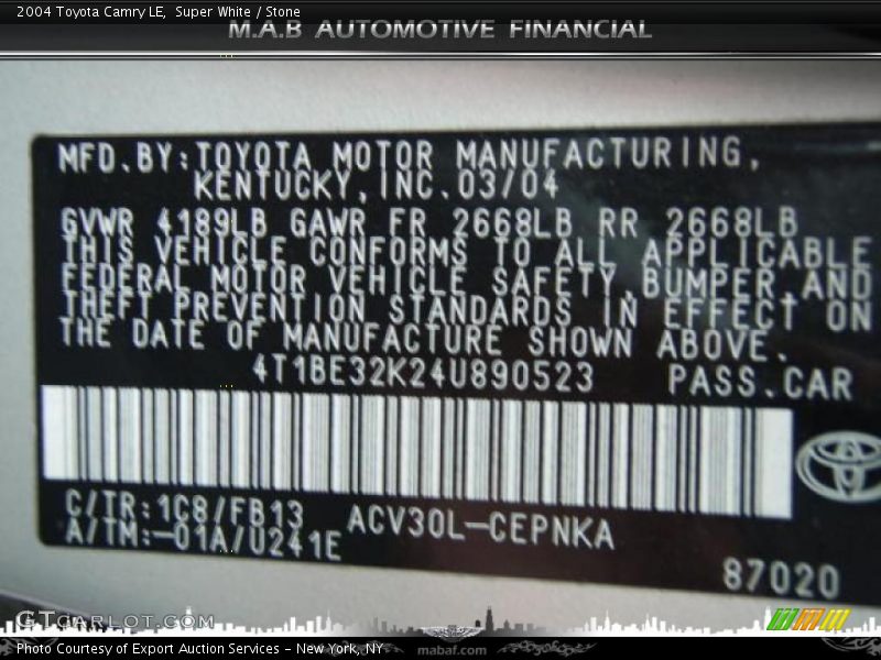 Super White / Stone 2004 Toyota Camry LE