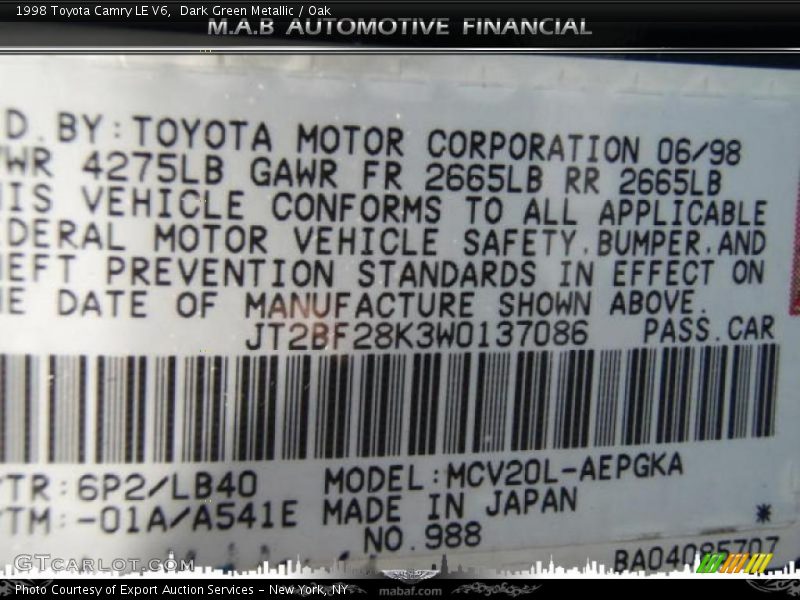 Dark Green Metallic / Oak 1998 Toyota Camry LE V6