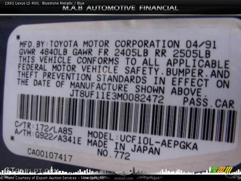 Bluestone Metallic / Blue 1991 Lexus LS 400