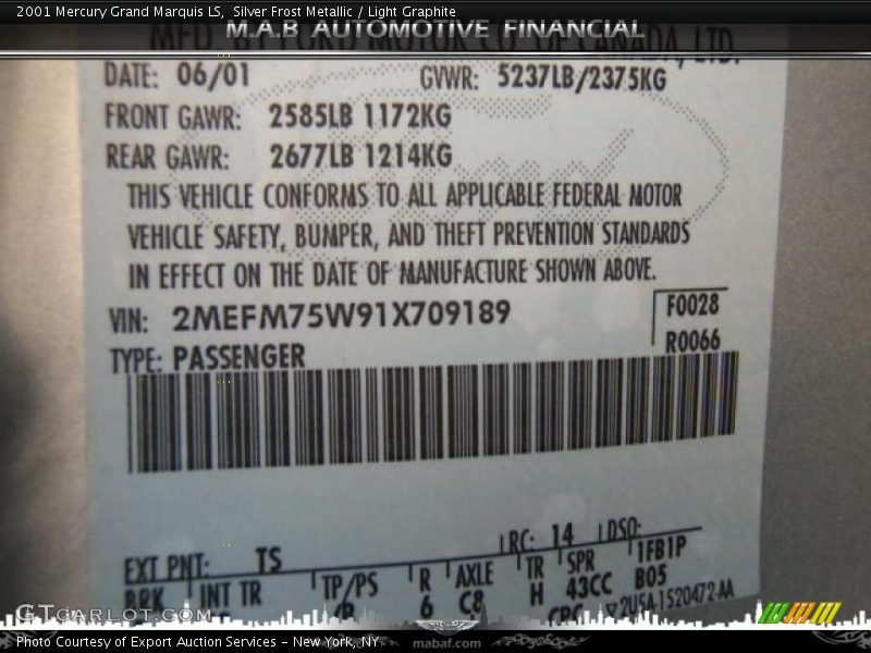 Silver Frost Metallic / Light Graphite 2001 Mercury Grand Marquis LS