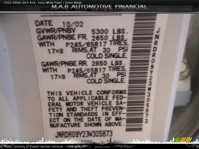 Ivory White Pearl / Stone Beige 2003 Infiniti QX4 4x4