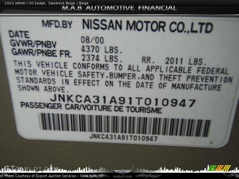 Sandrock Beige / Beige 2001 Infiniti I 30 Sedan
