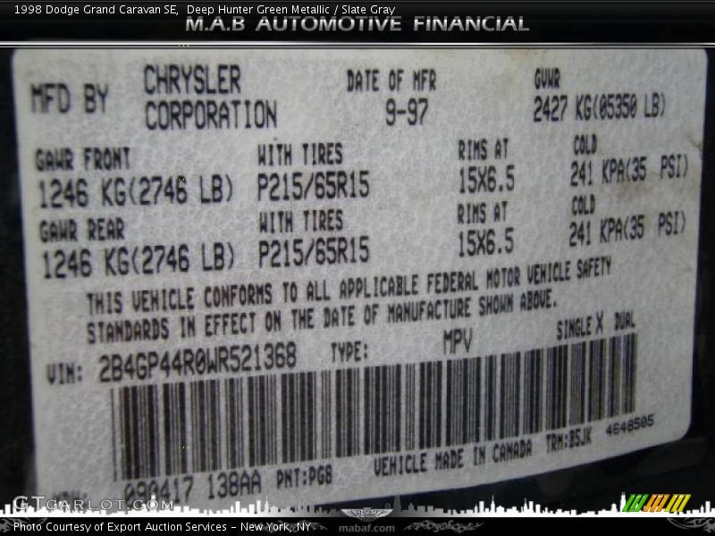 Deep Hunter Green Metallic / Slate Gray 1998 Dodge Grand Caravan SE