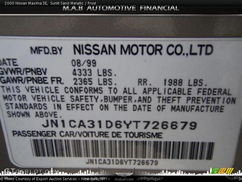 Sunlit Sand Metallic / Frost 2000 Nissan Maxima SE