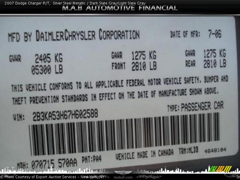 Silver Steel Metallic / Dark Slate Gray/Light Slate Gray 2007 Dodge Charger R/T