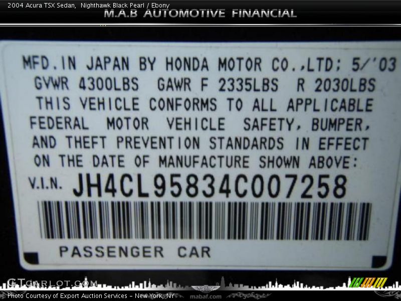 Nighthawk Black Pearl / Ebony 2004 Acura TSX Sedan