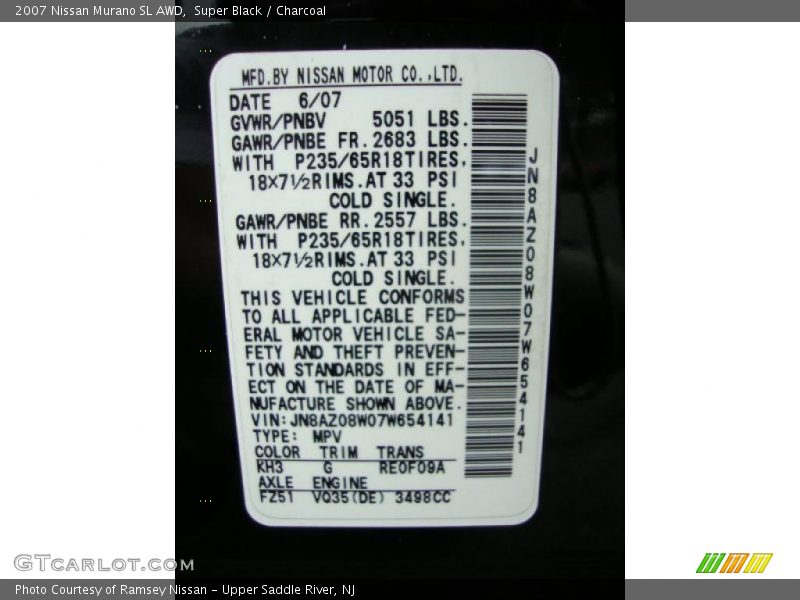 Super Black / Charcoal 2007 Nissan Murano SL AWD