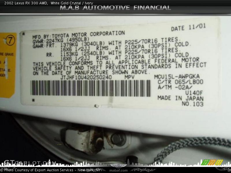 White Gold Crystal / Ivory 2002 Lexus RX 300 AWD
