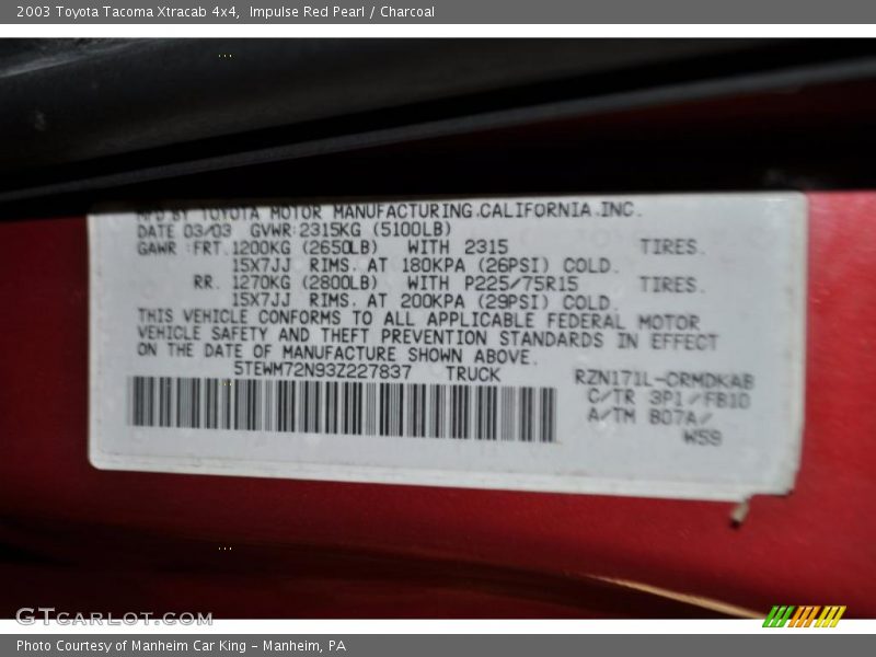 Impulse Red Pearl / Charcoal 2003 Toyota Tacoma Xtracab 4x4