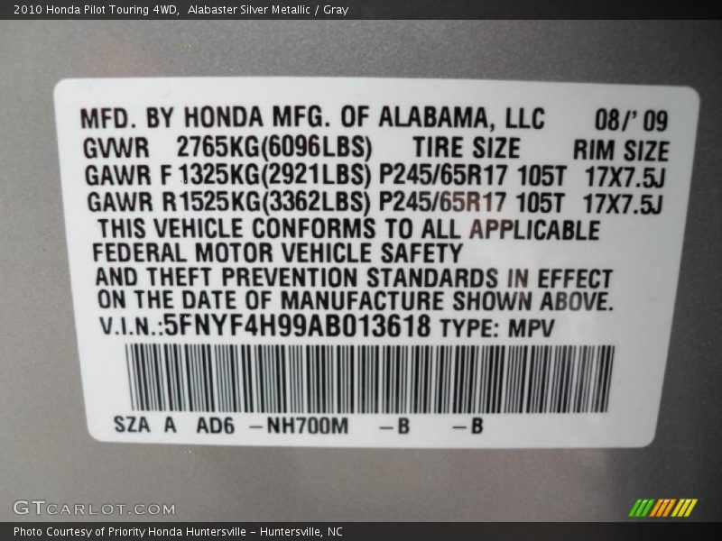 2010 Pilot Touring 4WD Alabaster Silver Metallic Color Code NH700M