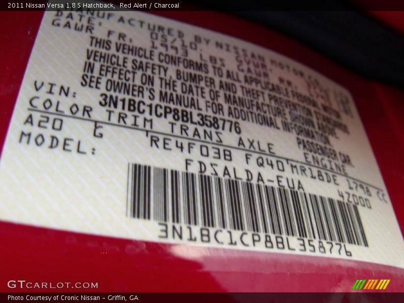 Red Alert / Charcoal 2011 Nissan Versa 1.8 S Hatchback
