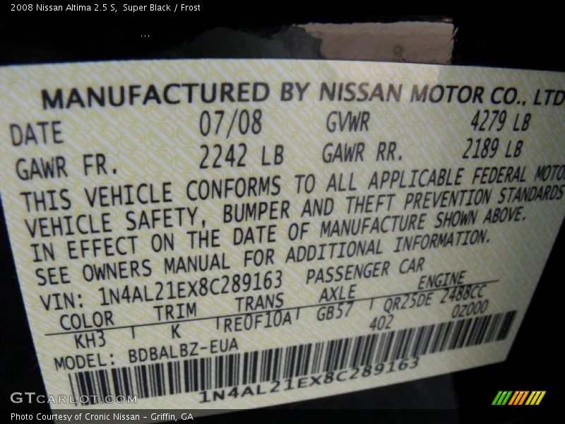 Super Black / Frost 2008 Nissan Altima 2.5 S