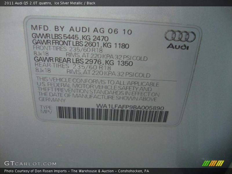 Ice Silver Metallic / Black 2011 Audi Q5 2.0T quattro