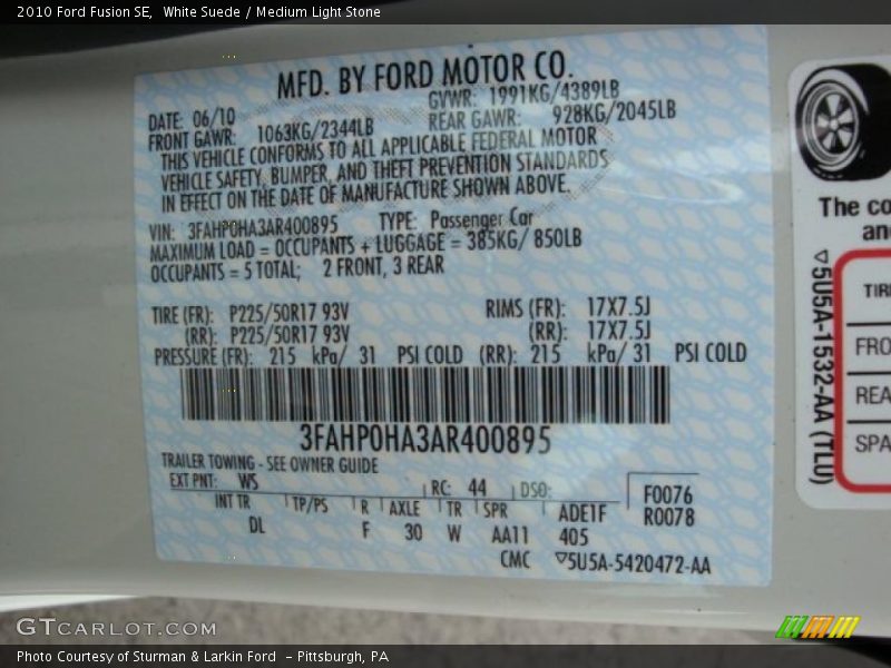 White Suede / Medium Light Stone 2010 Ford Fusion SE