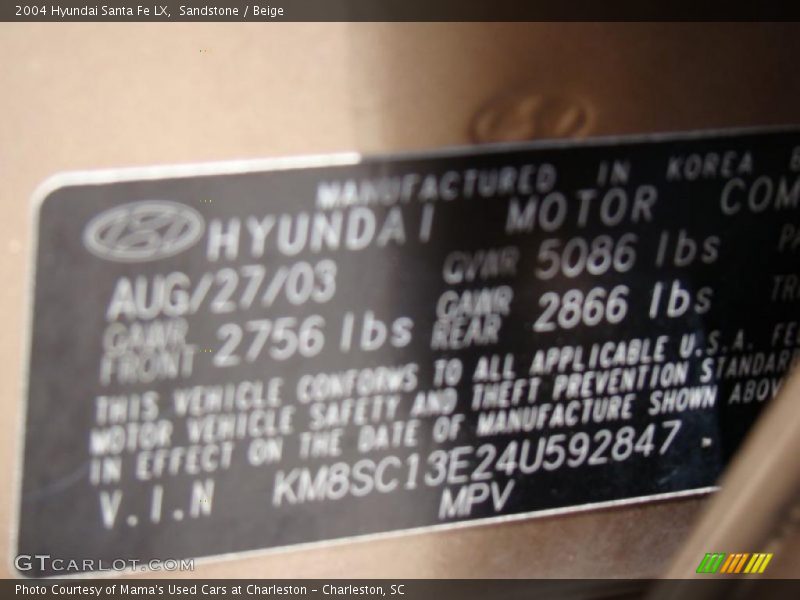 Sandstone / Beige 2004 Hyundai Santa Fe LX