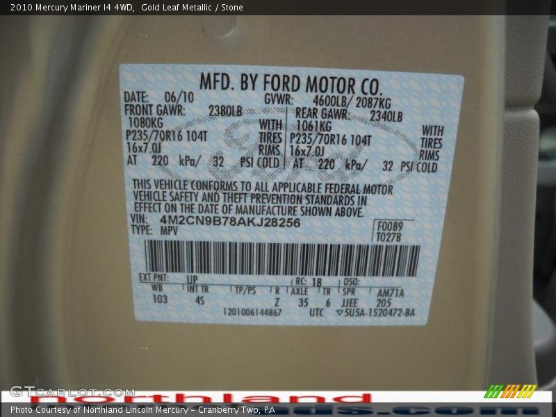 Gold Leaf Metallic / Stone 2010 Mercury Mariner I4 4WD