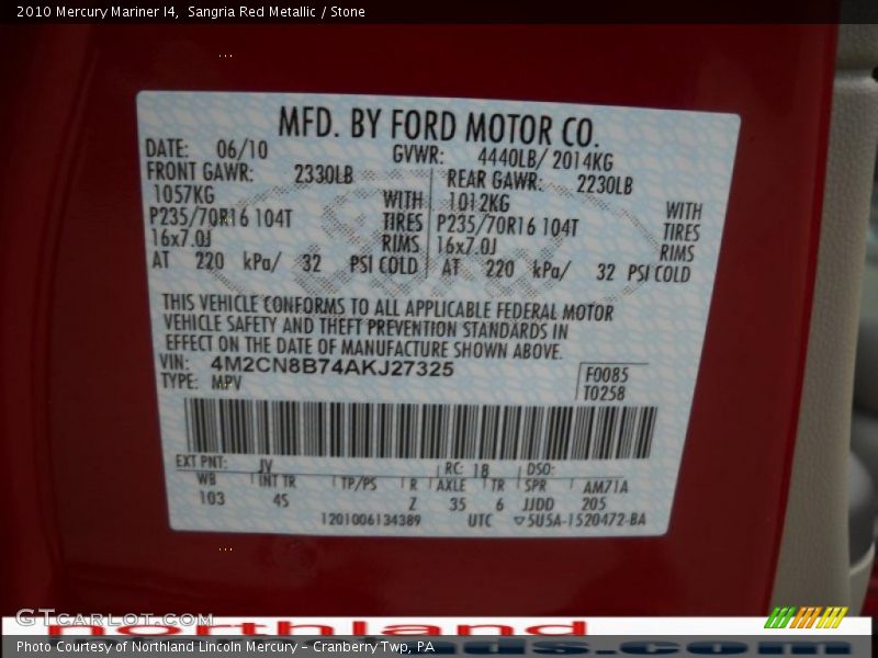 Sangria Red Metallic / Stone 2010 Mercury Mariner I4