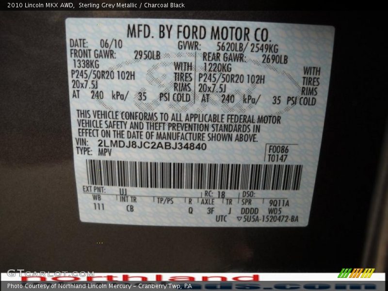 Sterling Grey Metallic / Charcoal Black 2010 Lincoln MKX AWD