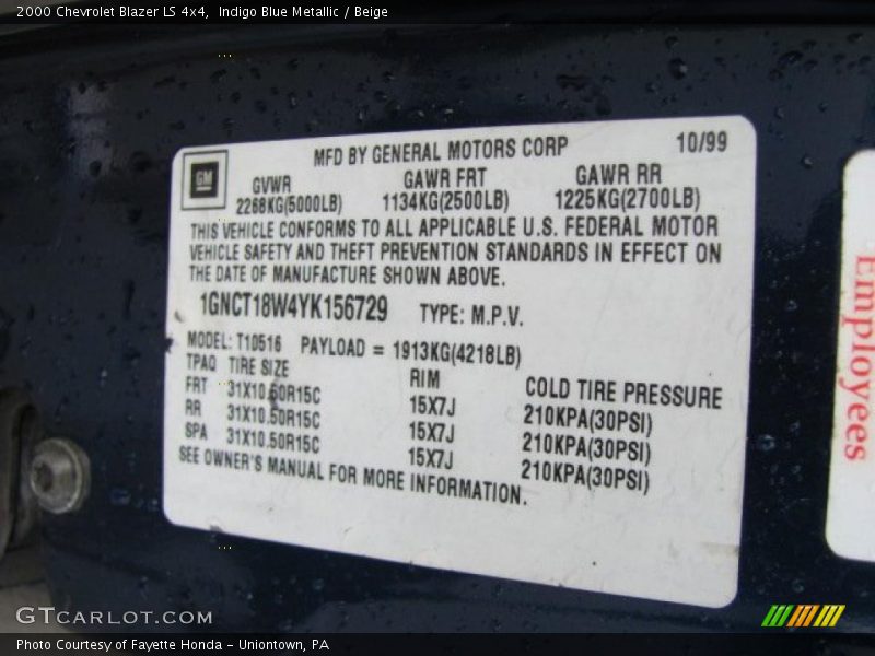 Indigo Blue Metallic / Beige 2000 Chevrolet Blazer LS 4x4