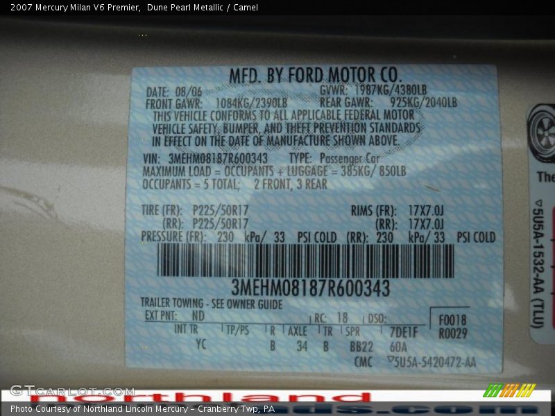 Dune Pearl Metallic / Camel 2007 Mercury Milan V6 Premier
