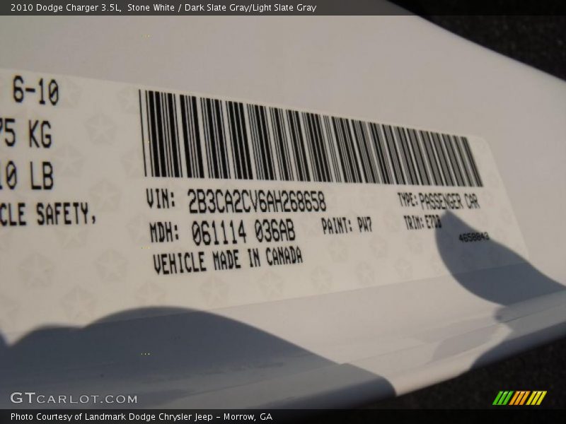 Stone White / Dark Slate Gray/Light Slate Gray 2010 Dodge Charger 3.5L