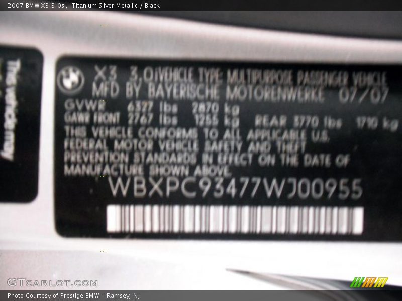 Titanium Silver Metallic / Black 2007 BMW X3 3.0si