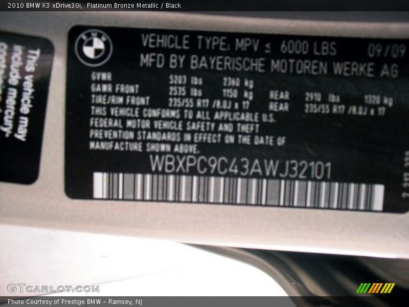 Platinum Bronze Metallic / Black 2010 BMW X3 xDrive30i
