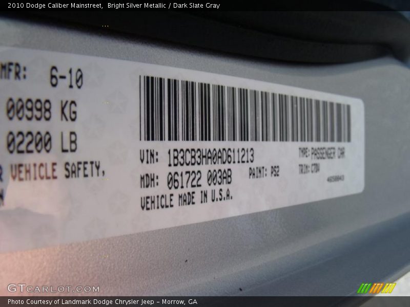 Bright Silver Metallic / Dark Slate Gray 2010 Dodge Caliber Mainstreet