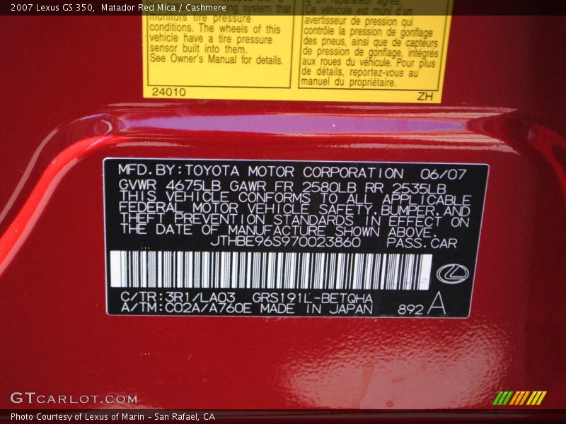 Matador Red Mica / Cashmere 2007 Lexus GS 350