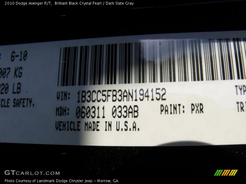Brilliant Black Crystal Pearl / Dark Slate Gray 2010 Dodge Avenger R/T