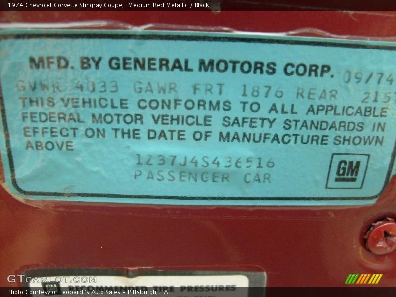Medium Red Metallic / Black 1974 Chevrolet Corvette Stingray Coupe