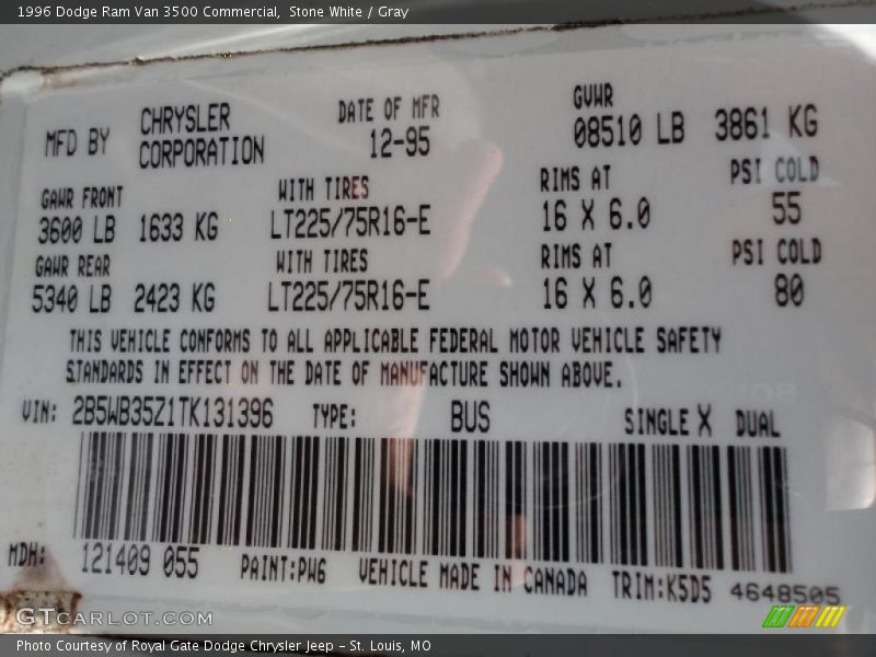 Stone White / Gray 1996 Dodge Ram Van 3500 Commercial