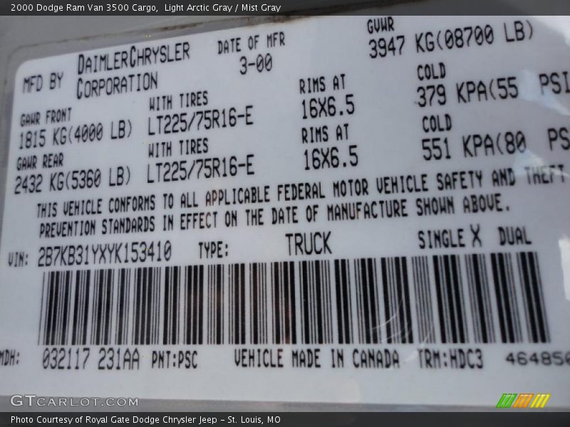 Light Arctic Gray / Mist Gray 2000 Dodge Ram Van 3500 Cargo