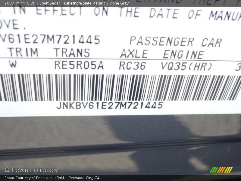 Lakeshore Slate Metallic / Stone Gray 2007 Infiniti G 35 S Sport Sedan