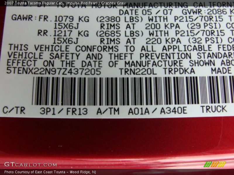 Impulse Red Pearl / Graphite Gray 2007 Toyota Tacoma Regular Cab