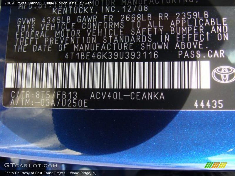 Blue Ribbon Metallic / Ash 2009 Toyota Camry LE