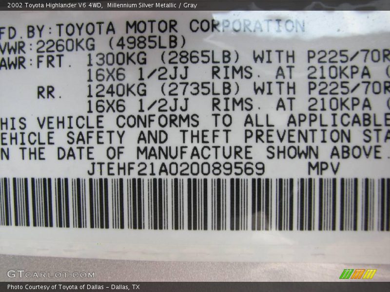 Millennium Silver Metallic / Gray 2002 Toyota Highlander V6 4WD