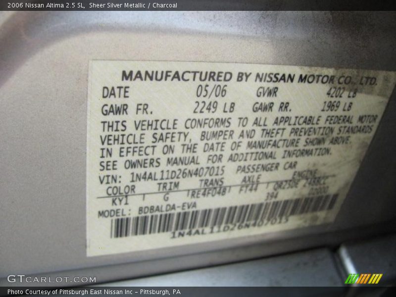 Sheer Silver Metallic / Charcoal 2006 Nissan Altima 2.5 SL