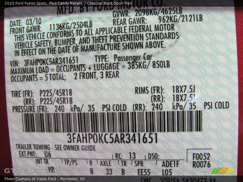 Red Candy Metallic / Charcoal Black/Sport Red 2010 Ford Fusion Sport