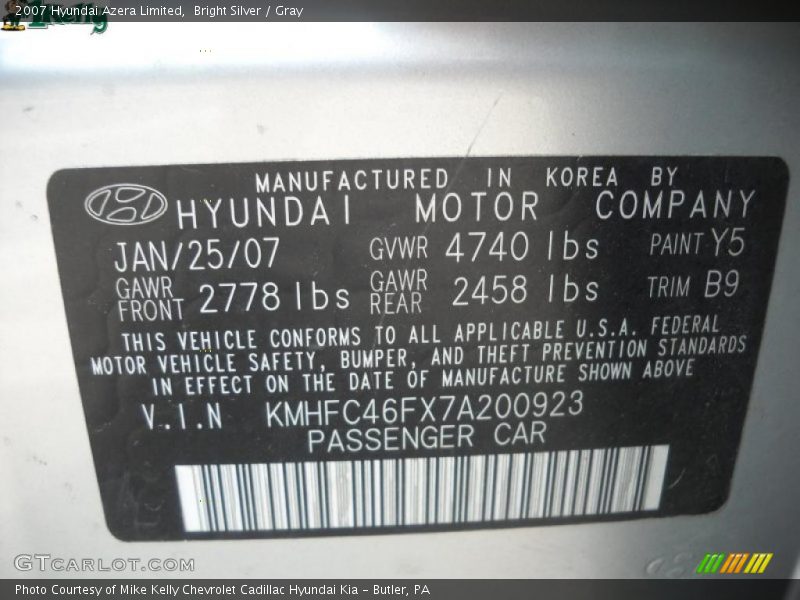 Bright Silver / Gray 2007 Hyundai Azera Limited