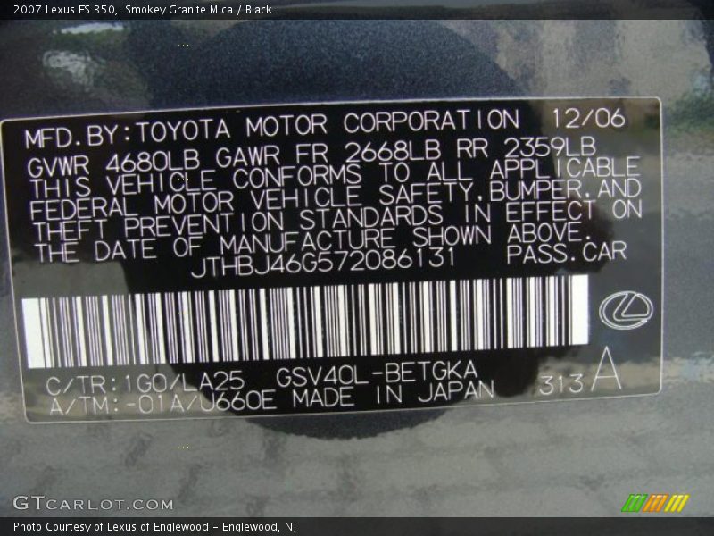 Smokey Granite Mica / Black 2007 Lexus ES 350