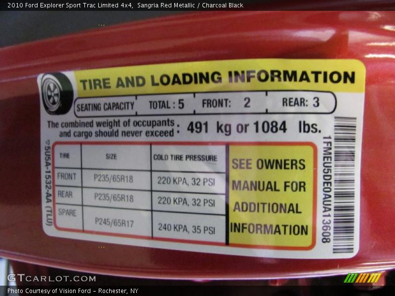 Sangria Red Metallic / Charcoal Black 2010 Ford Explorer Sport Trac Limited 4x4