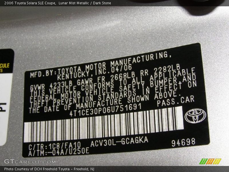 Lunar Mist Metallic / Dark Stone 2006 Toyota Solara SLE Coupe