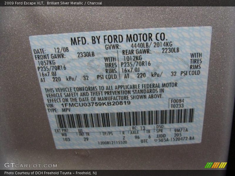 Brilliant Silver Metallic / Charcoal 2009 Ford Escape XLT