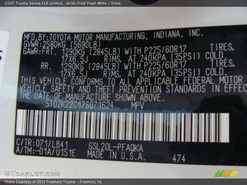 Arctic Frost Pearl White / Stone 2007 Toyota Sienna XLE Limited
