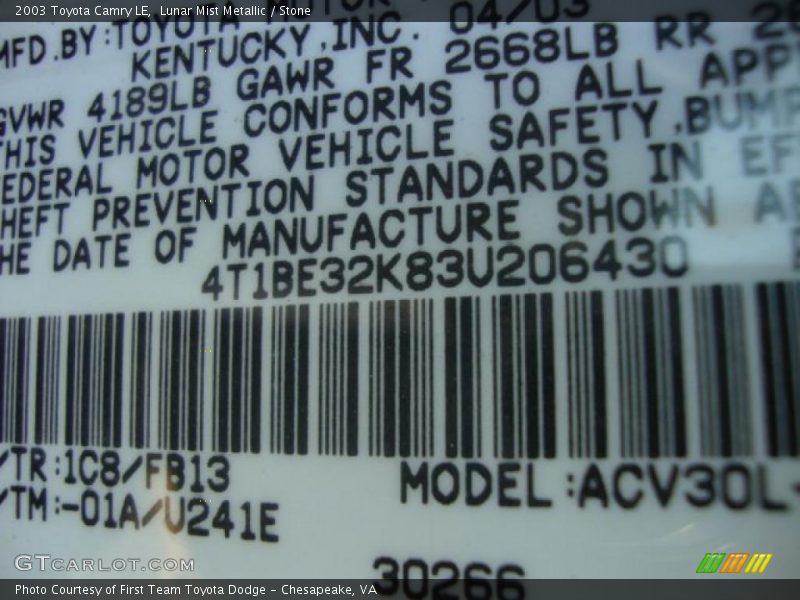 Lunar Mist Metallic / Stone 2003 Toyota Camry LE